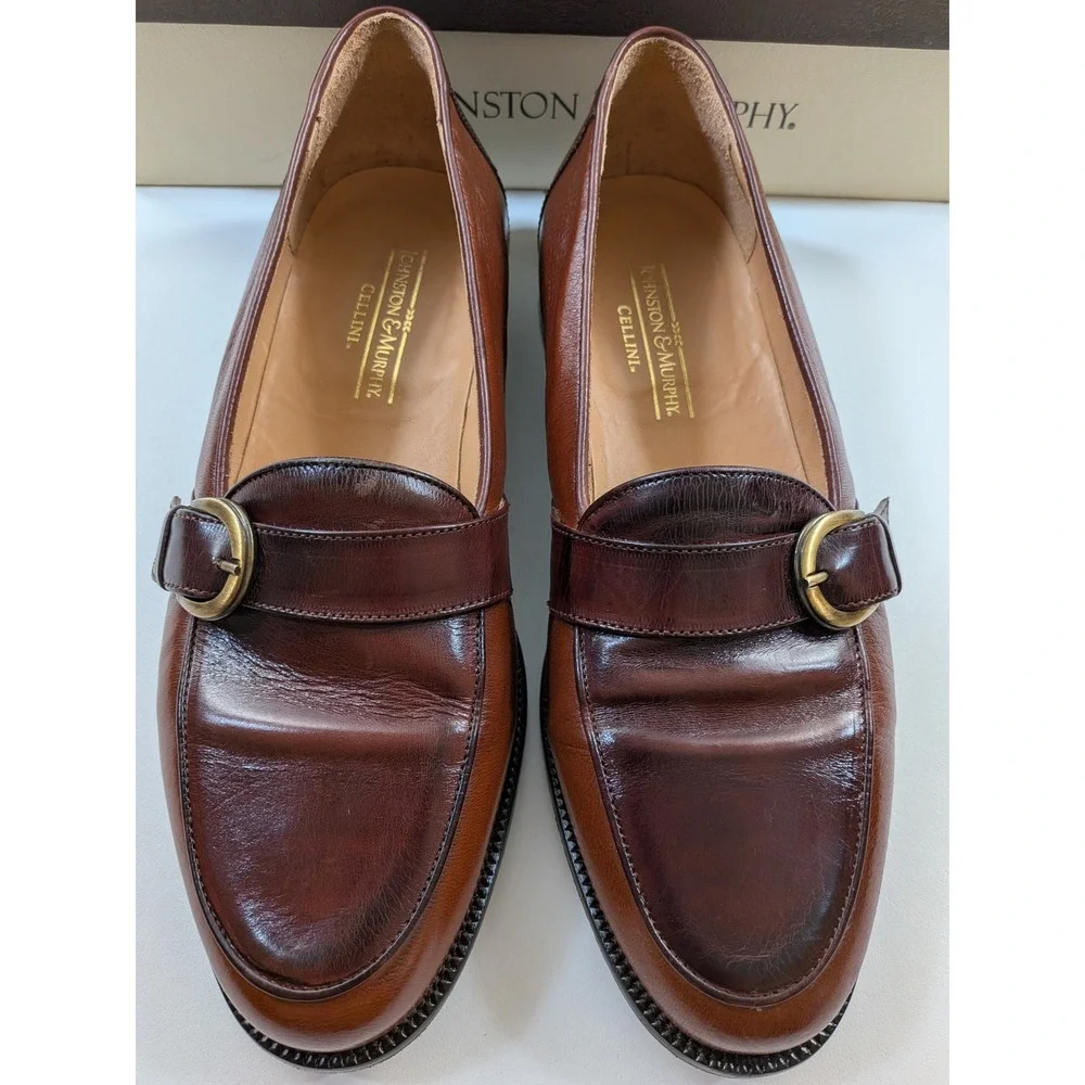Johnston & Murphy Cellini Warwick Brown Leather Buckle Loafers Men's 8 M Italy